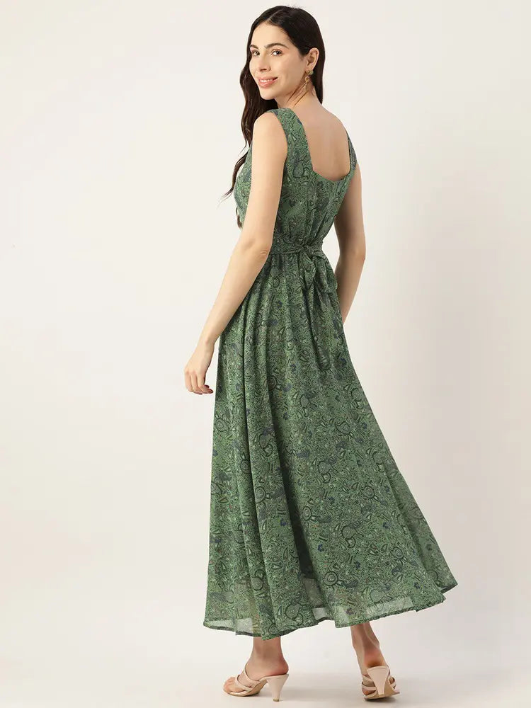Green Floral Printed V- Neck Maxi Dress in Berlin