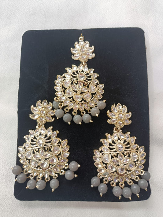 Grey Gold Plated Pearl and Kundan Traditional Maang Tikka with Earrings Set for Women