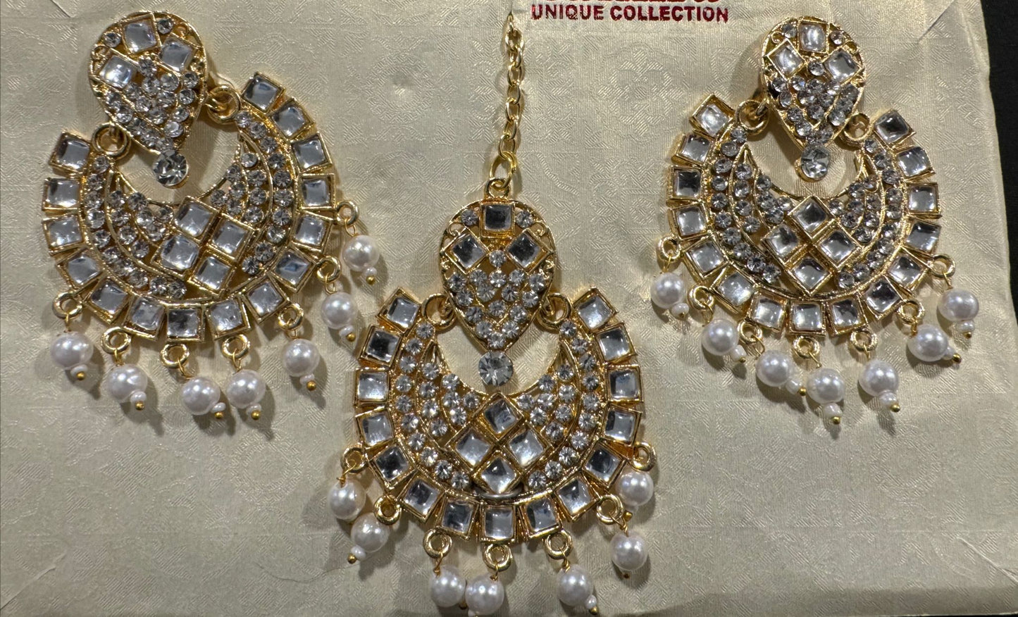 White Gold Plated Pearl and Kundan Traditional Maang Tikka with Earrings Set for Women