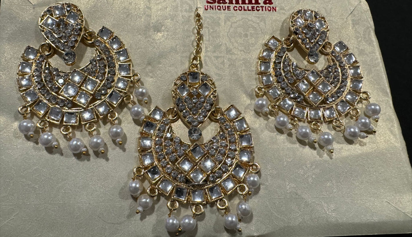 White Gold Plated Pearl and Kundan Traditional Maang Tikka with Earrings Set for Women