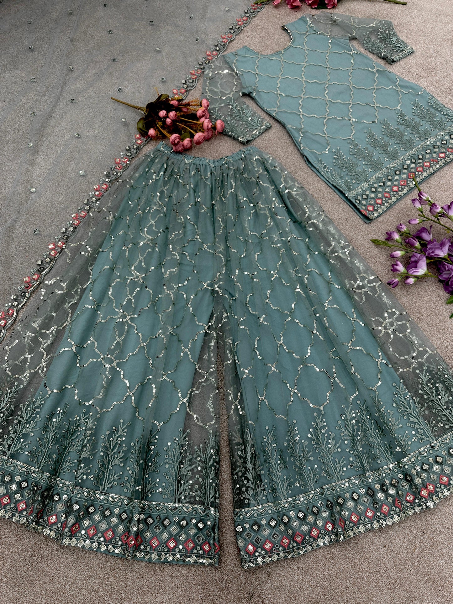 Party Wear Look Top-Plazzo and Dupatta With Heavy Embroidery Work Suit