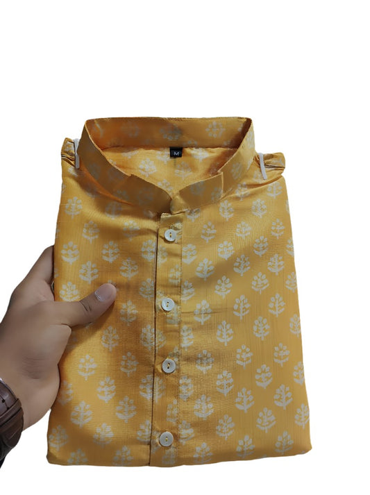 Mens Wear Pure Silk Kurta and Pajama yellow flower