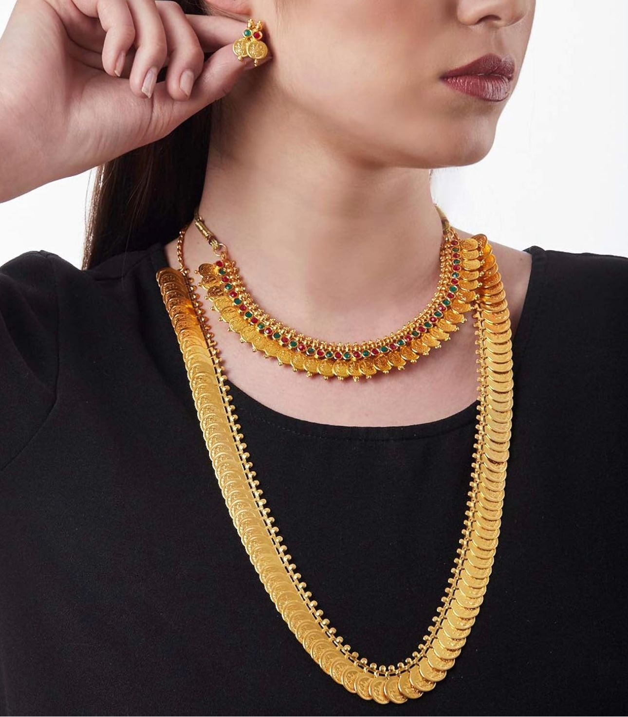 Jewellery Set Gold Plated Traditional Temple Coin Maharani Necklace Set & Red Green Temple Coin Necklace Set With Earring Jewellery For Women and Girls