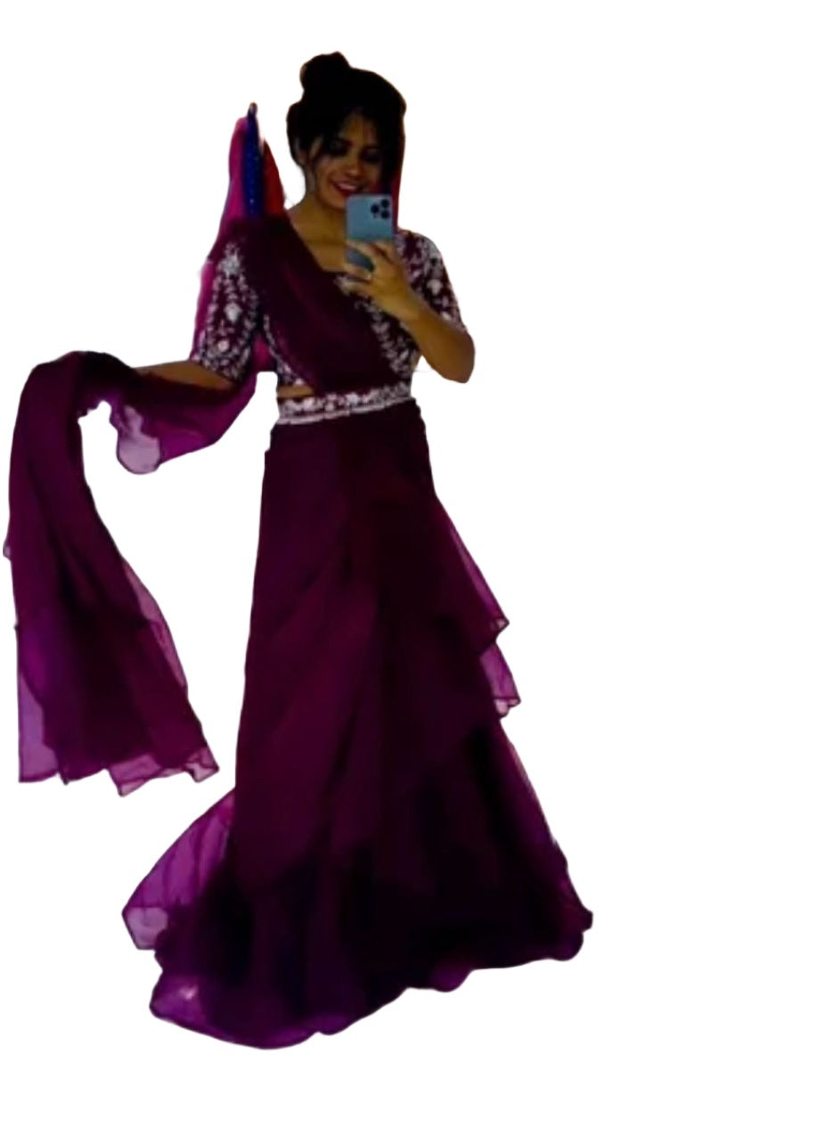 Lehenga Saree With Full-Stitched Blouse With Embroidery Work.