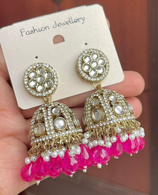 Gold-Plated Dome Shaped Kundan Studded Jhumkas