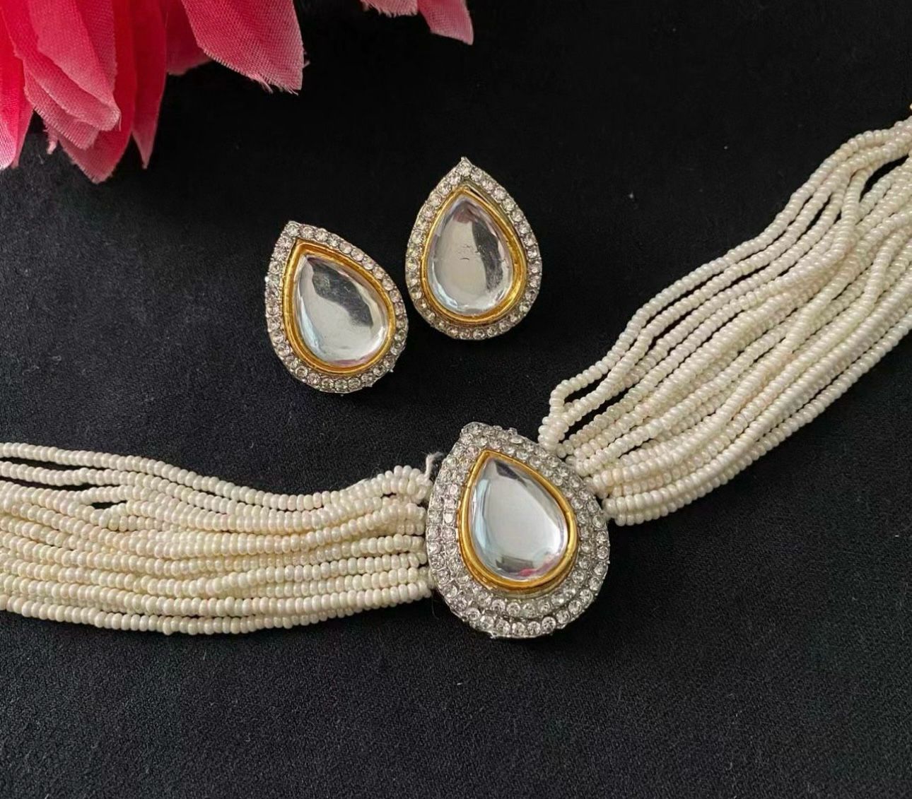 Gold-Plated Kundan & Pearl Studded Choker Necklace with Earrings