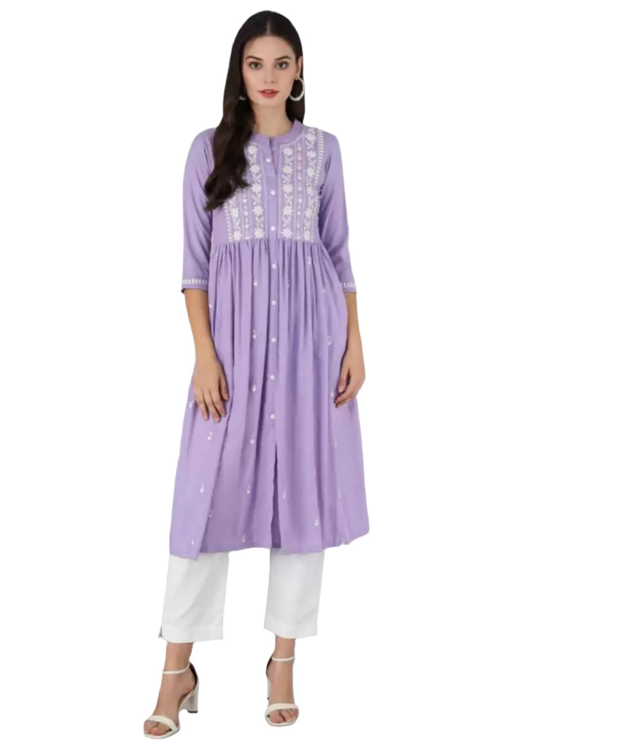 Chikan Embroidery Cotton Rayon A-line Kurta (Purple)