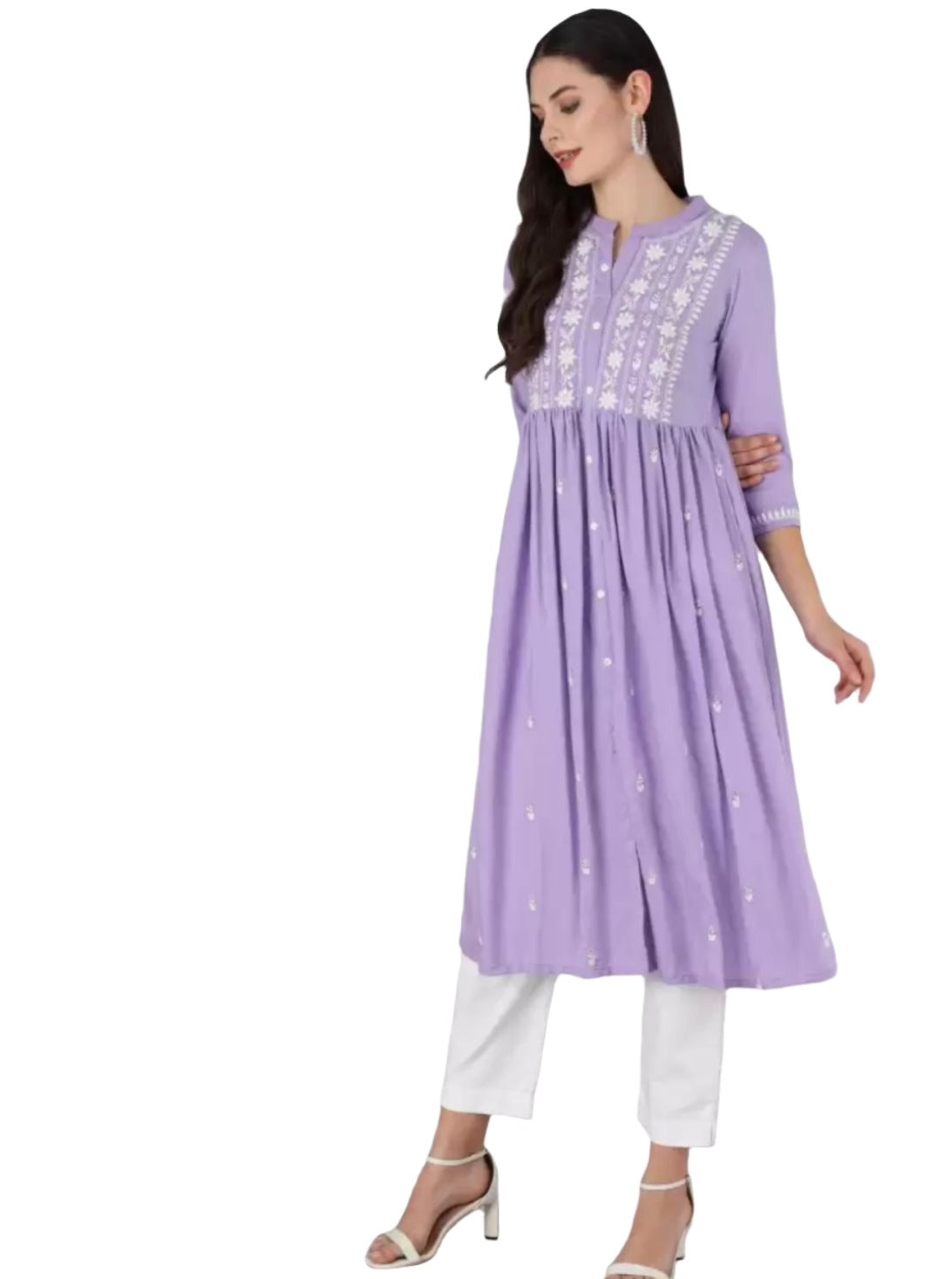 Chikan Embroidery Cotton Rayon A-line Kurta (Purple)