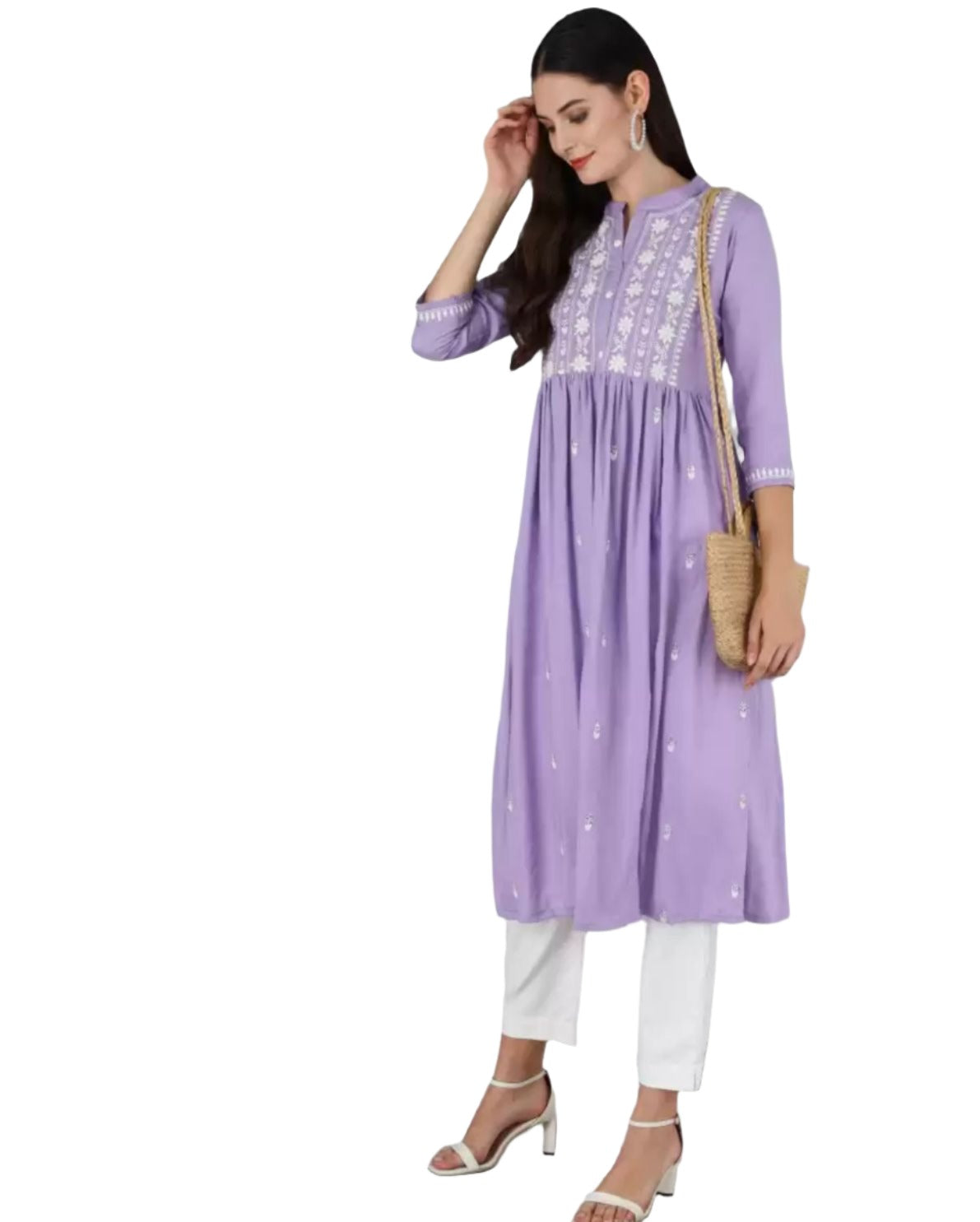 Chikan Embroidery Cotton Rayon A-line Kurta (Purple)
