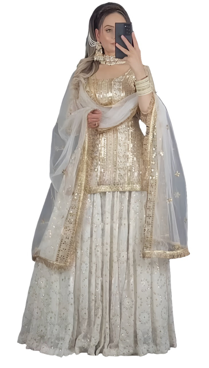Designer White Embroidered Kurta With Lehenga