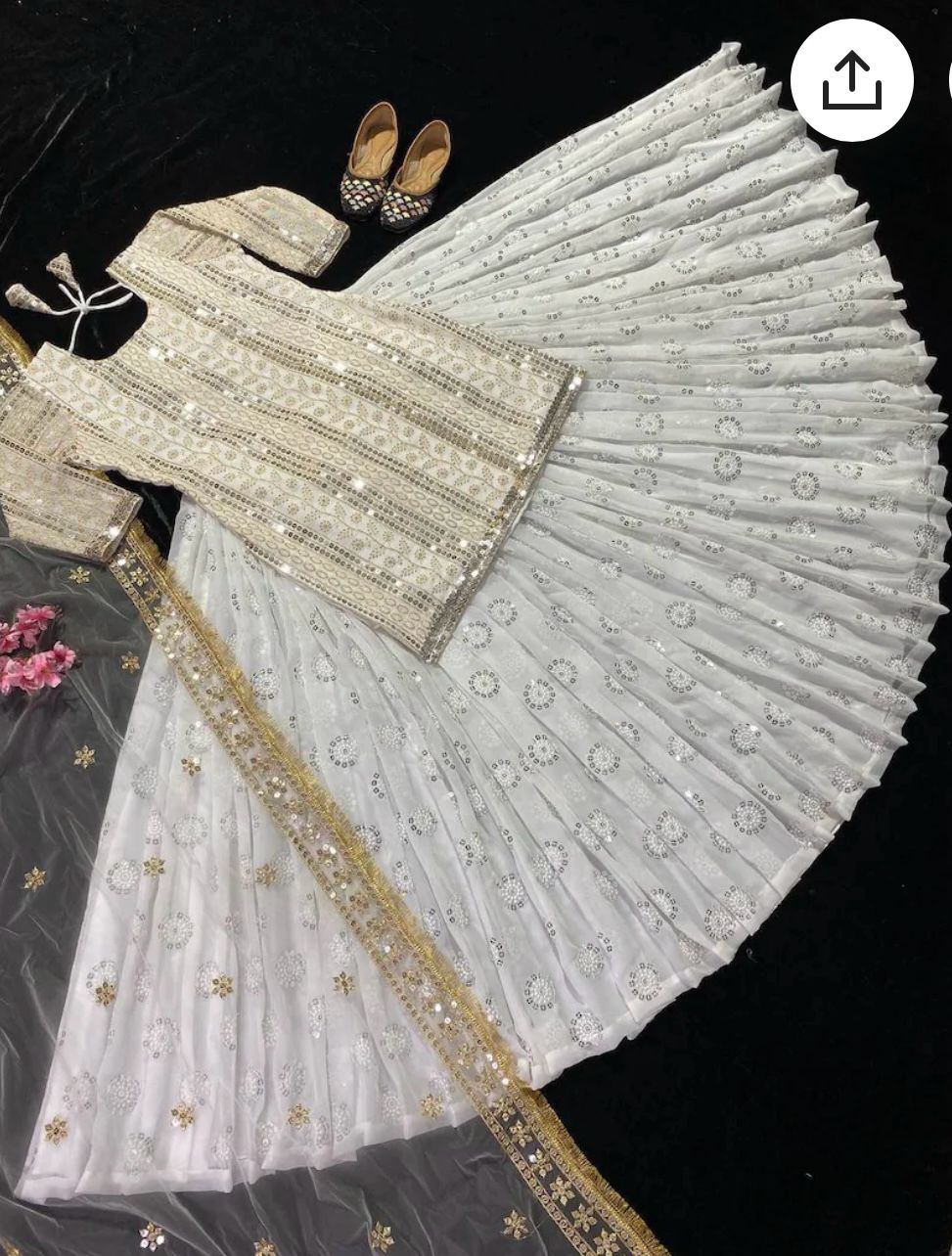 Designer White Embroidered Kurta With Lehenga