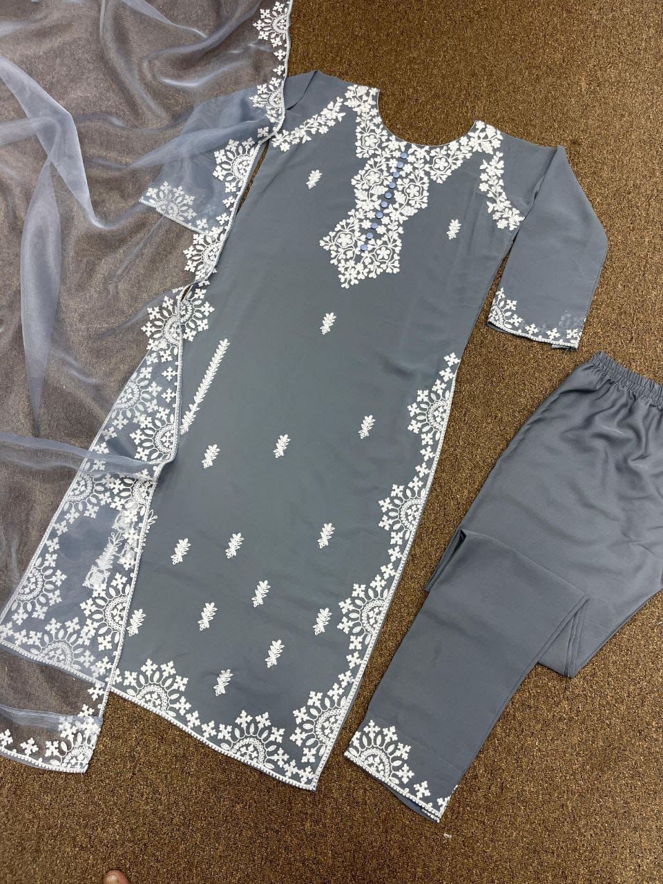 Lucknowi Chikankari Georgette Kurta with Pant and Dupatta