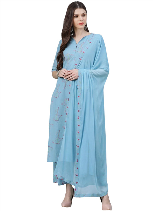 Blue Abstract Printed Pure Cotton Kurta with Palazzos & With Dupatta