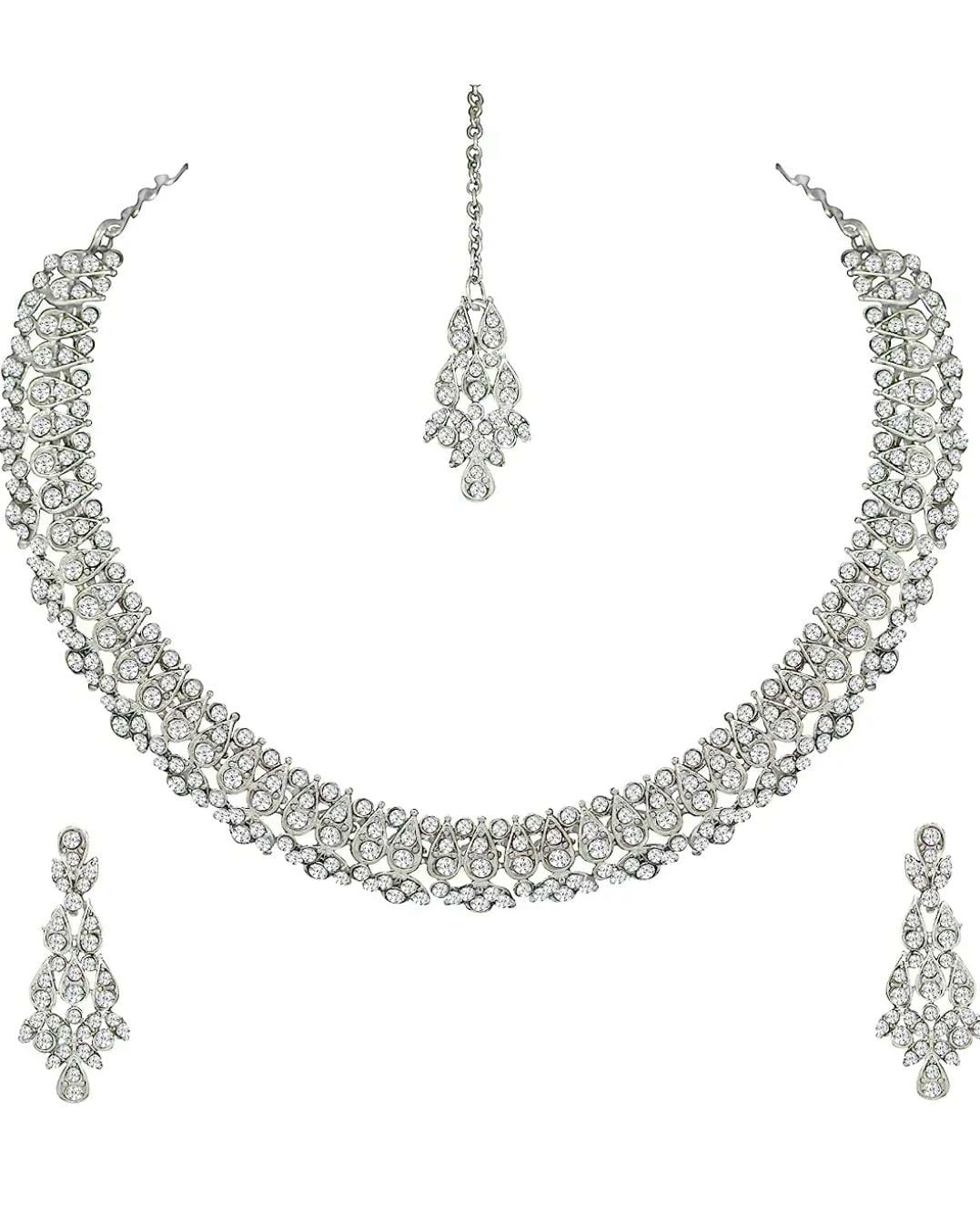 Silver Plated AD Crystal Austrian Diamond Necklace Jewellery Set with Earrings & Maang Tikka