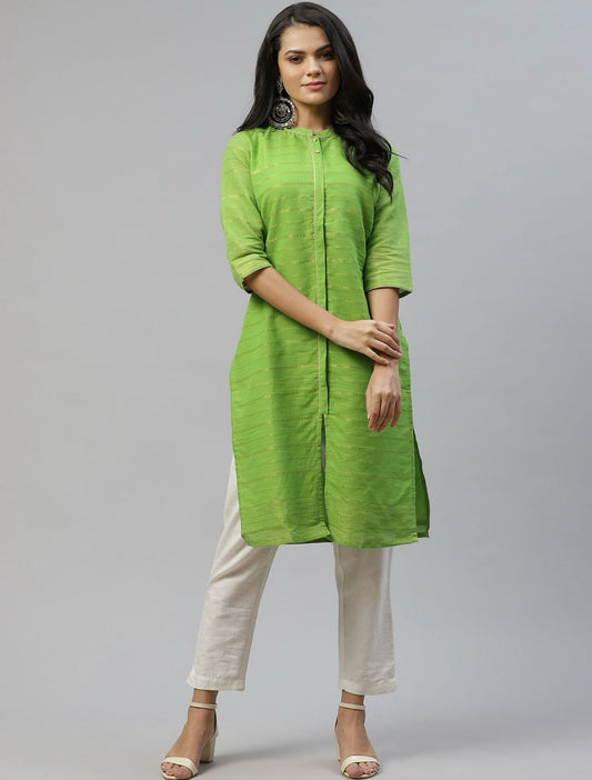 Women Green & Golden Striped Dobby Kurta