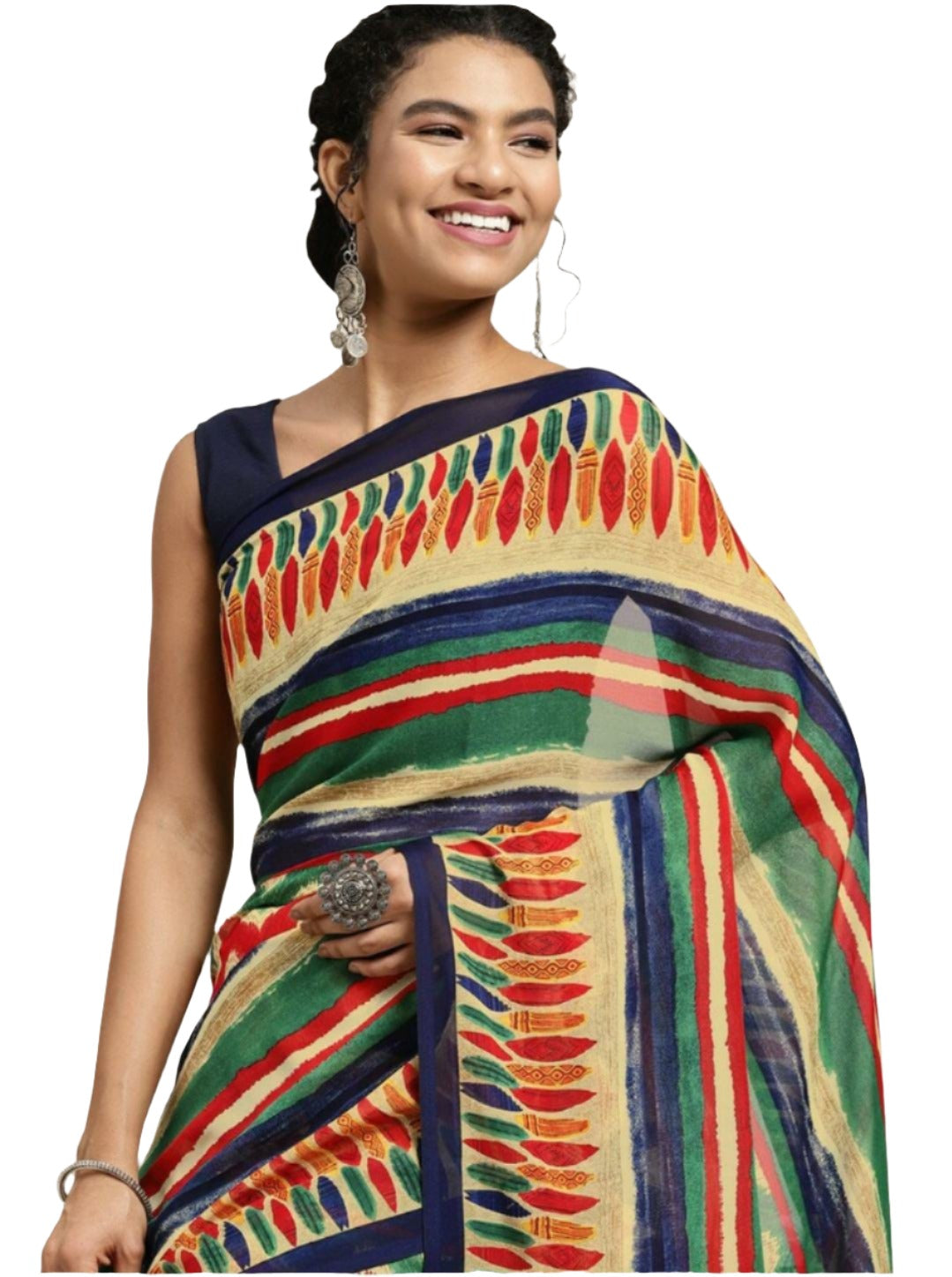 Navy Blue & Beige Ethnic Motifs Saree