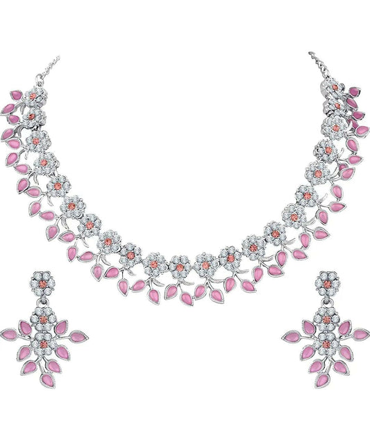 Pink Kundan Silver Plated Crystal AD Diamond Necklace Jewellery Set with Earrings for Women and Girls Suits Best Party, Wedding and Occasional Wear