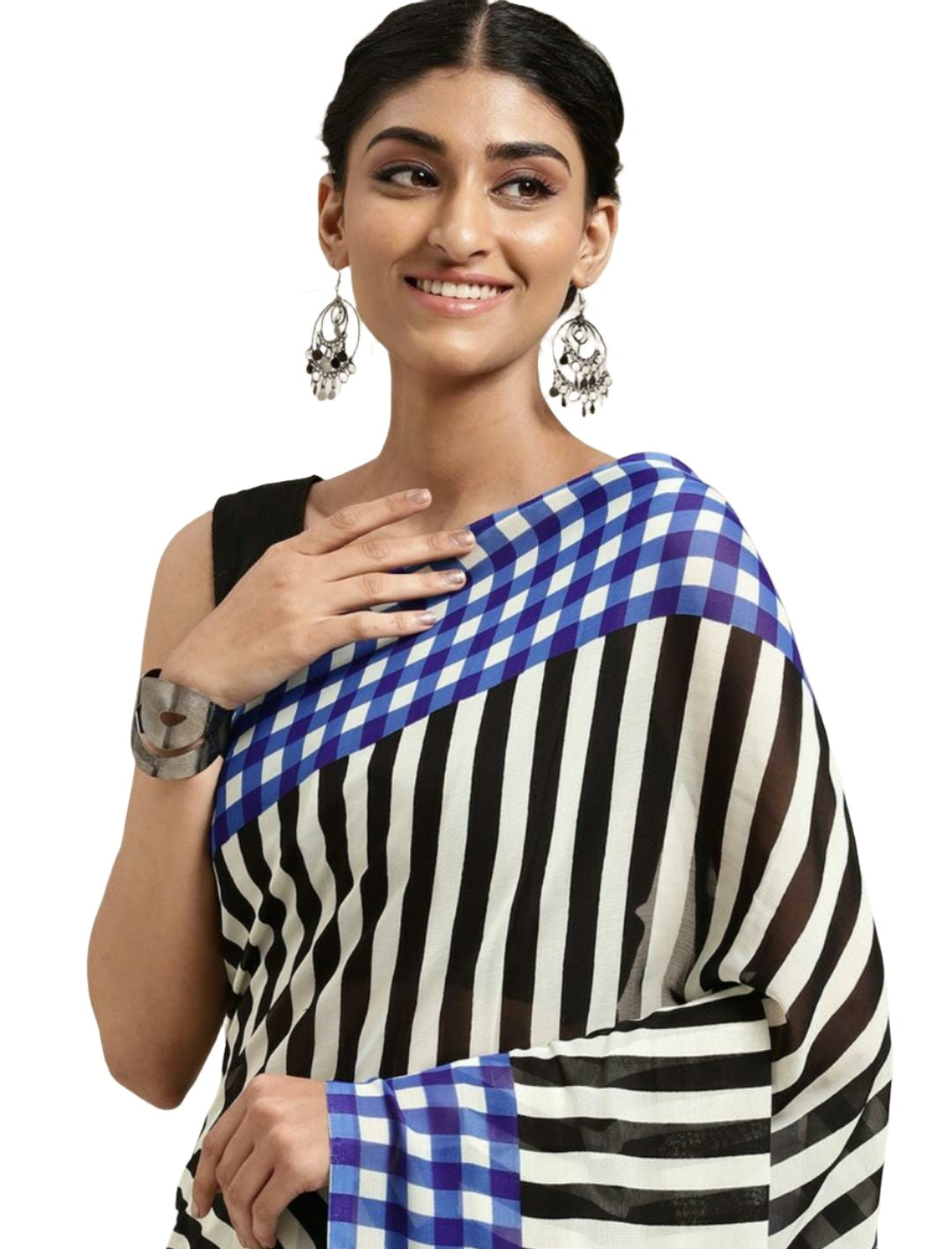 Blue & Black Striped Poly Georgette Casual Saree
