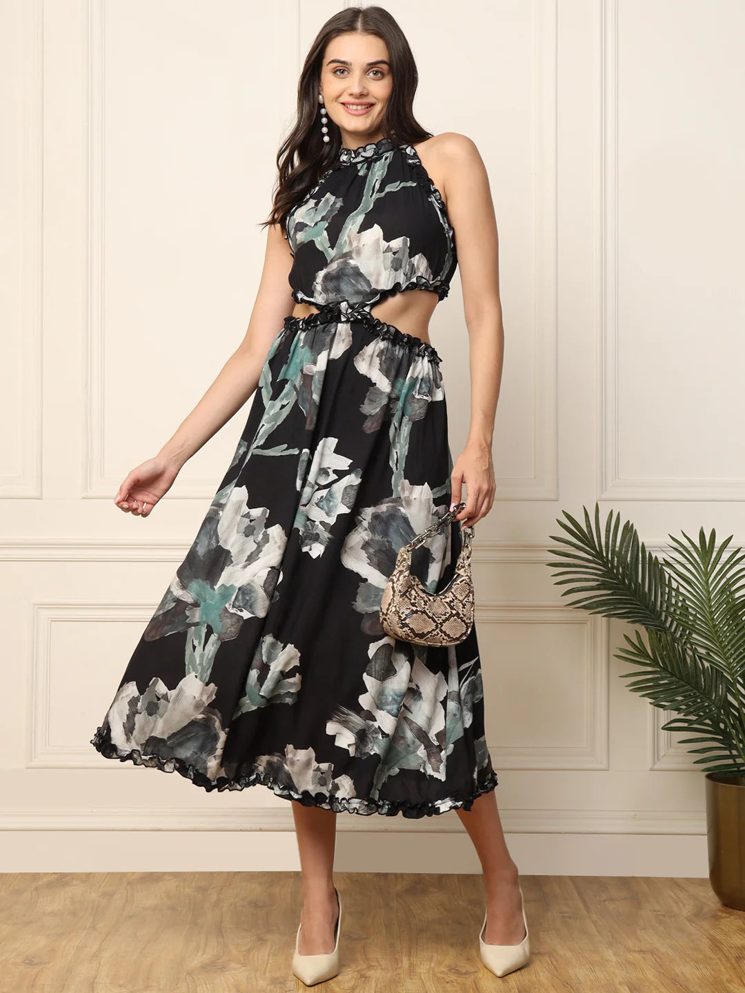 Black Abstract Printed Waist Cut Out Women Dress in Germany