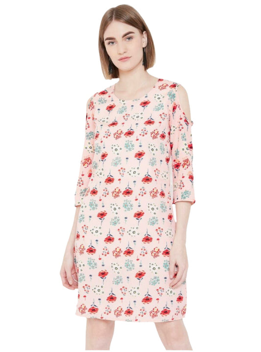 Women Peach-Coloured & Red Cold-Shoulder Floral Printed A-Line Dress