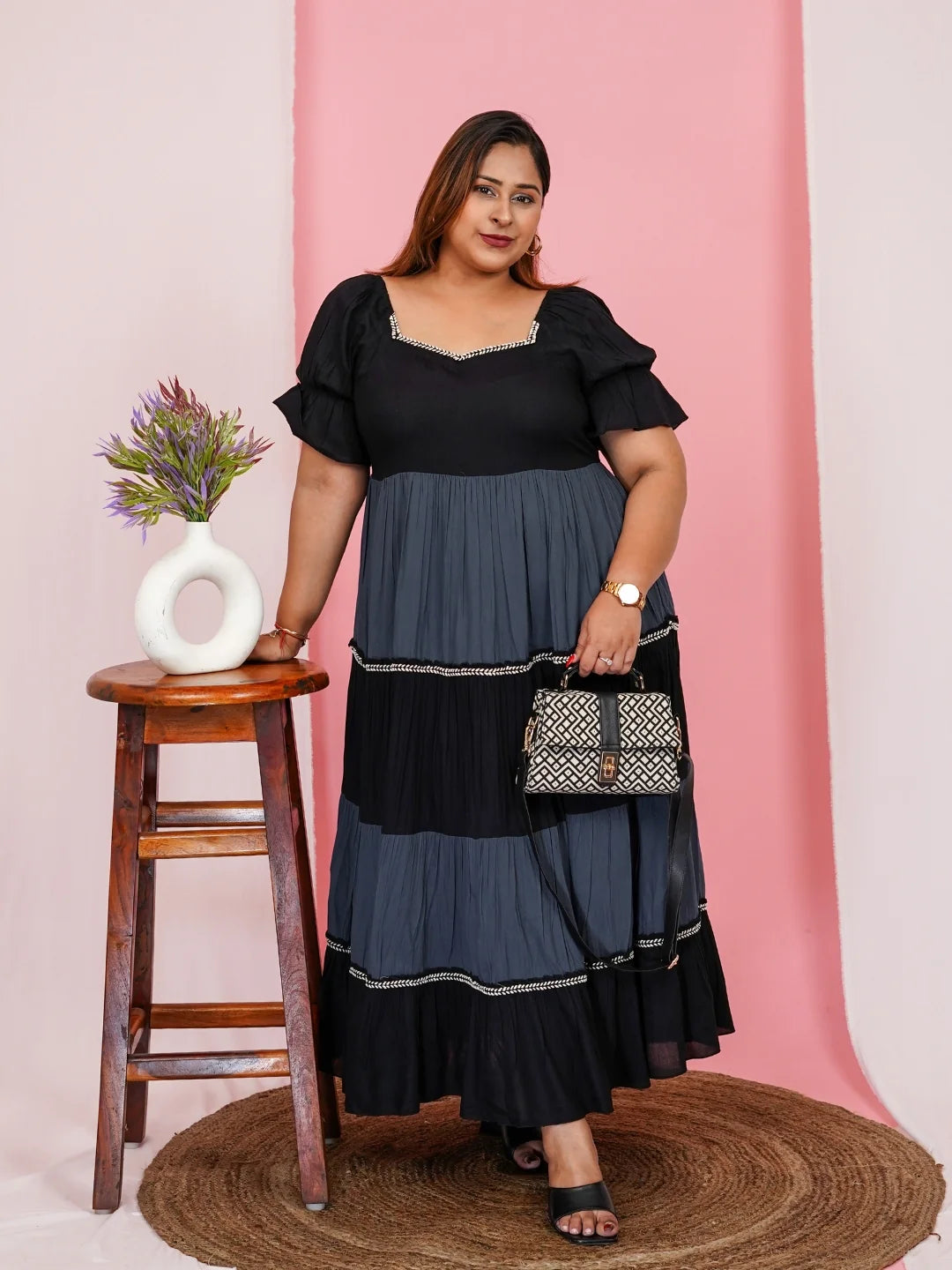 Women's Plus Size Half Sleevs Square Neck Solid Midi Dress in Germany