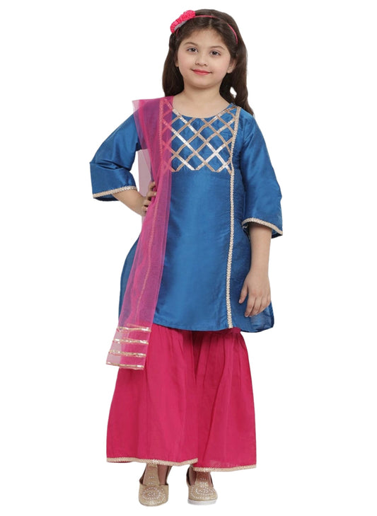 Silk Kurta with Palazzos & Dupatta for Girls Blue Angrakha Gotta Patti Dupion