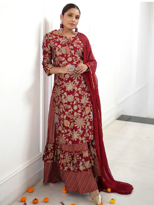 Women Floral Printed Regular Mukaish Kurta with Skirt & With Dupatta