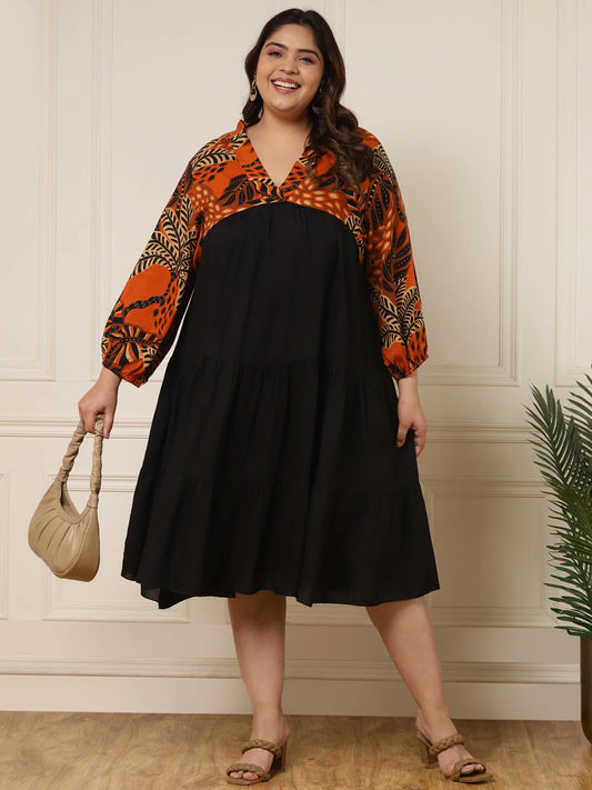 Women's Plus Size Tropical Printed With Black Tiered Dress embroidery and fabric detail - Neha Couture Indian Fashion