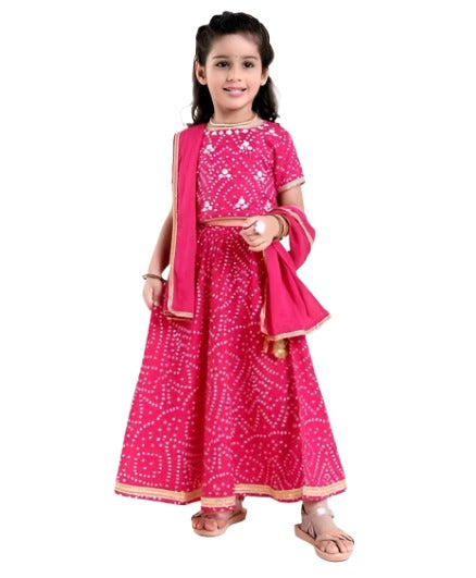Short Sleeves Choli Lehenga Jari Border Dupatta Bandhani Print
