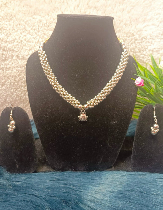 Silver-Plated Stone-Beaded Oxidized Necklace & Earrings Set