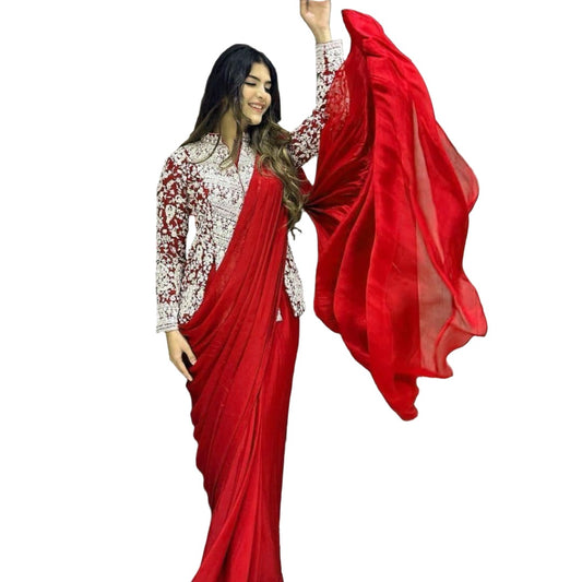 New Super Trending Embroidery cording work ready to wear saree with full Long Blouse