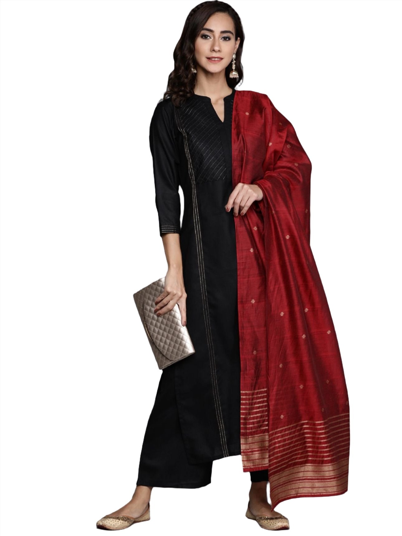 Black Pure Cotton Yoke Design Panelled Kurta with Palazzos & Dupatta