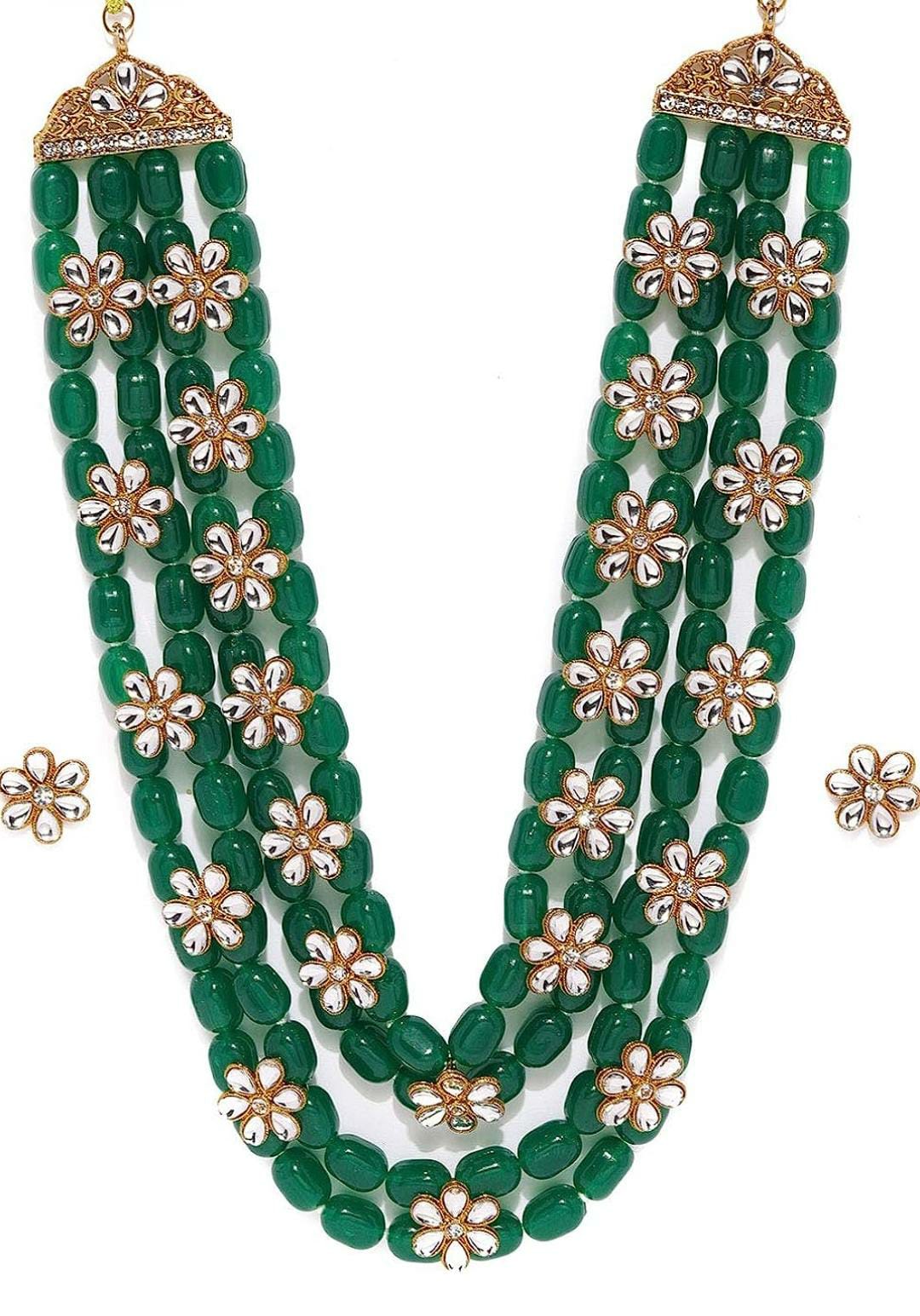 Green Beads & Floral Kundan Necklace Set For Women