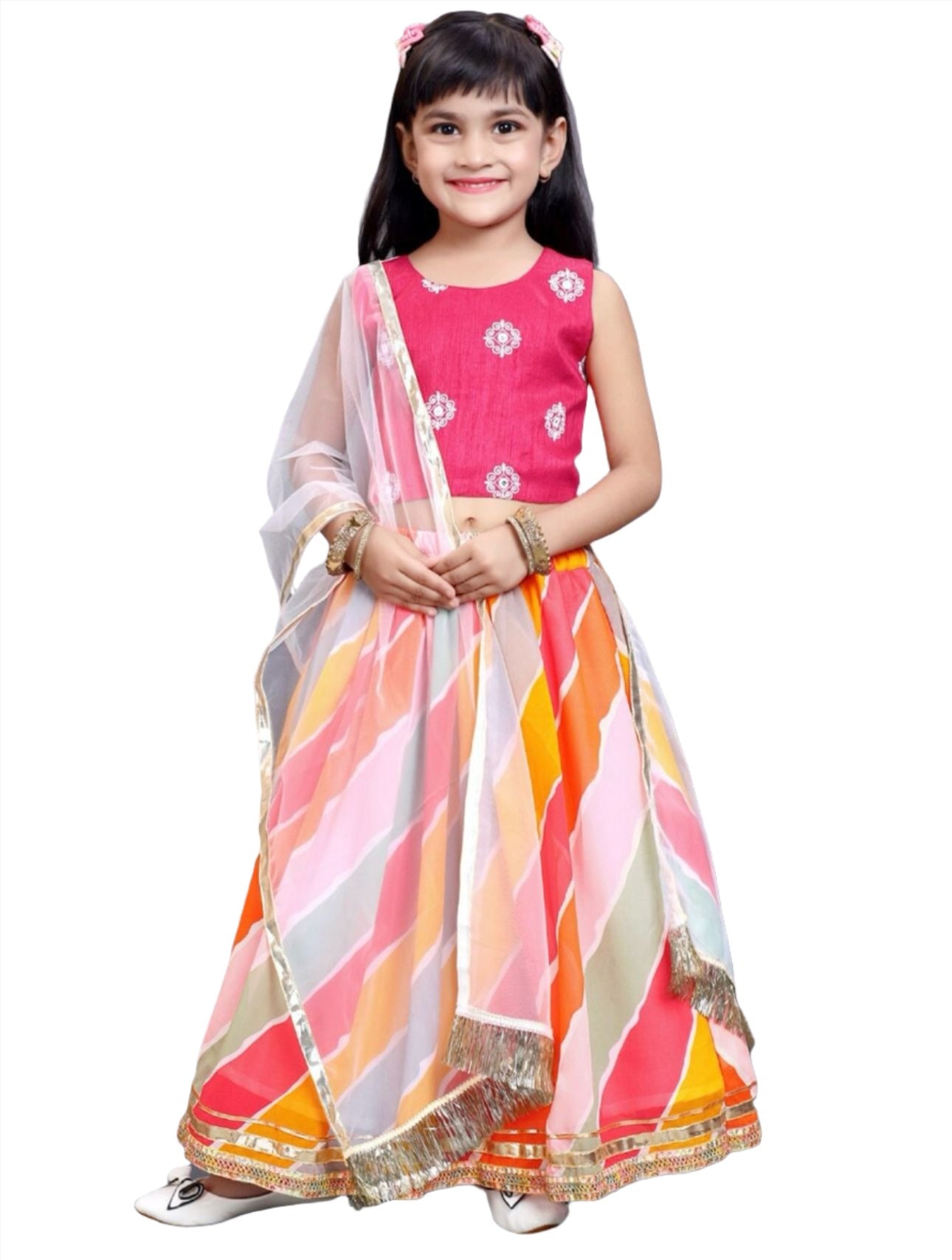 Lehenga & Blouse With Dupatta for girls Pink & Orange Embroidered Ready to Wear