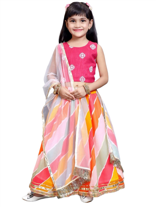 Lehenga & Blouse With Dupatta for girls Pink & Orange Embroidered Ready to Wear