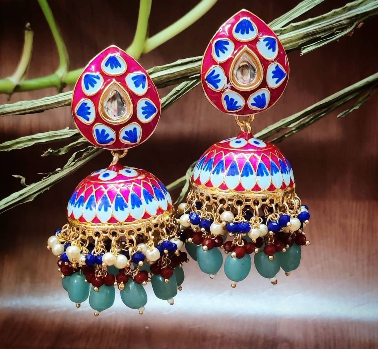 Meenakari Jhumka(Hot Pink)