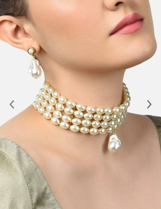 Pearls Gold Plated White Pearl Beaded Jewellery Set