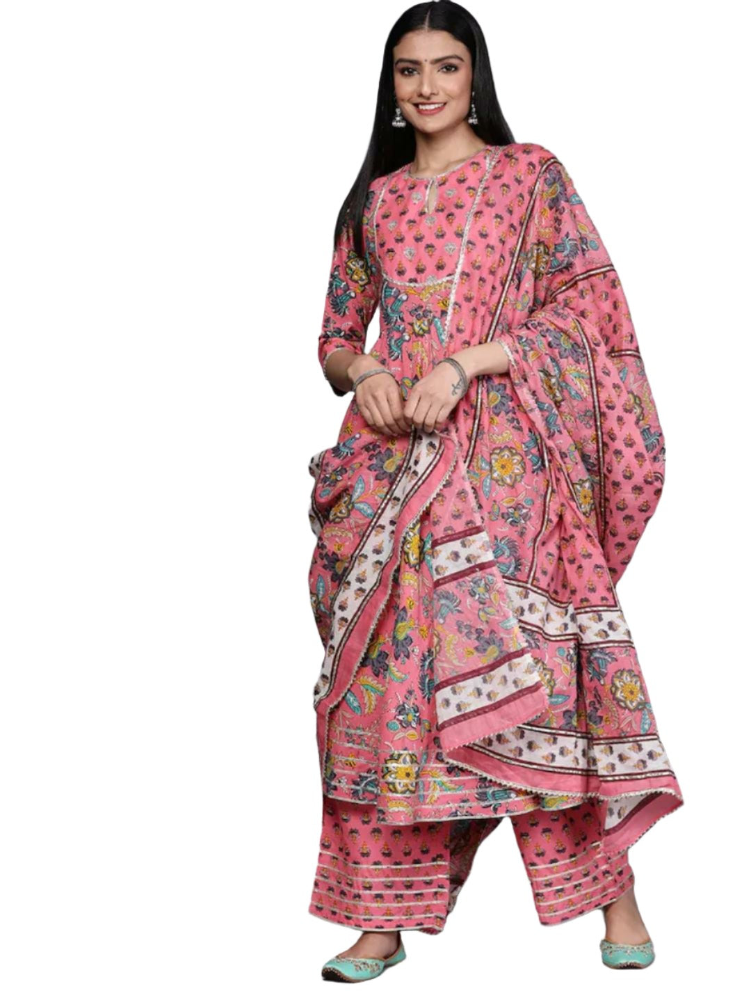 Rosa floral bedruckte getäfelte Kurta aus reiner Baumwolle mit Palazzos und Dupatta