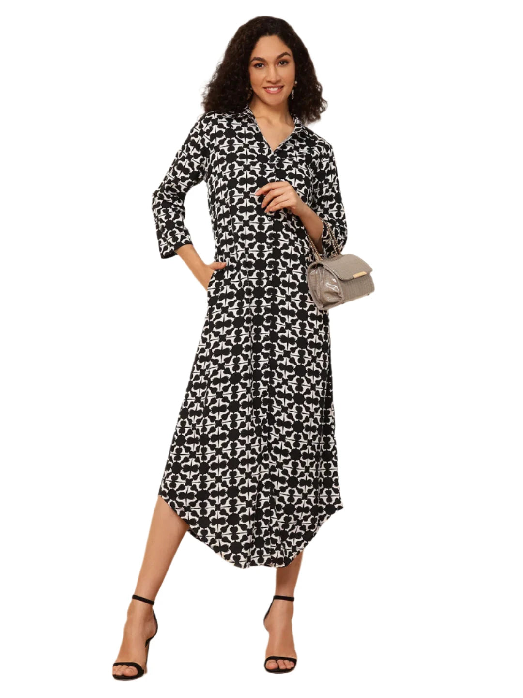 Black Geometric Printed Women Shirt Dress in Berlin