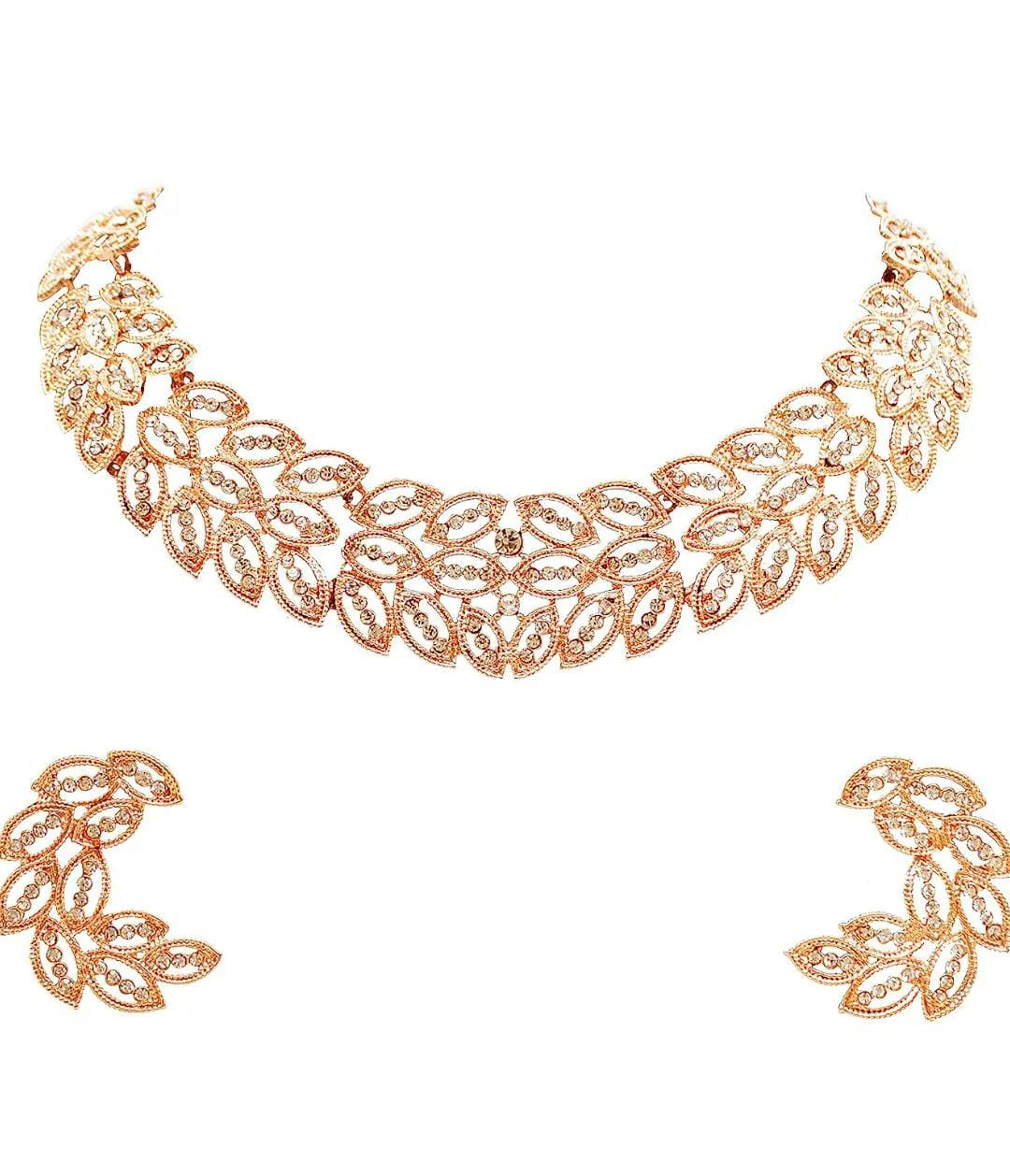 Austrian Diamond Rose Gold Plated Choker Necklace With Earring