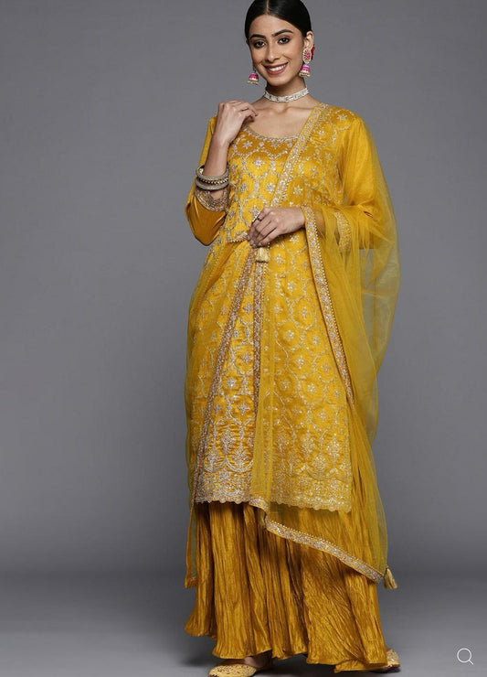 Mustard Embroidered Silk Blend Straight Suit Set(3 Pcs Set)