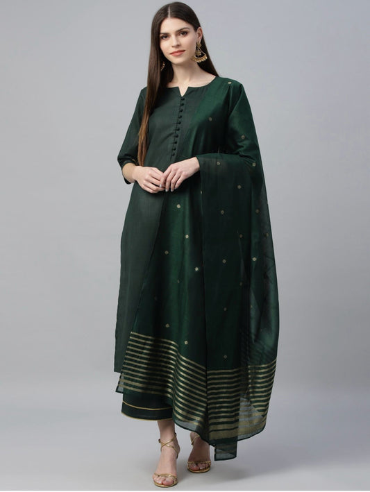 Women Green Pure Cotton Kurta with Palazzos & With Dupatta
