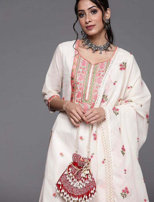 Off White & Pink Cotton Floral Thread Work Kurta with Palazzos & Dupatta