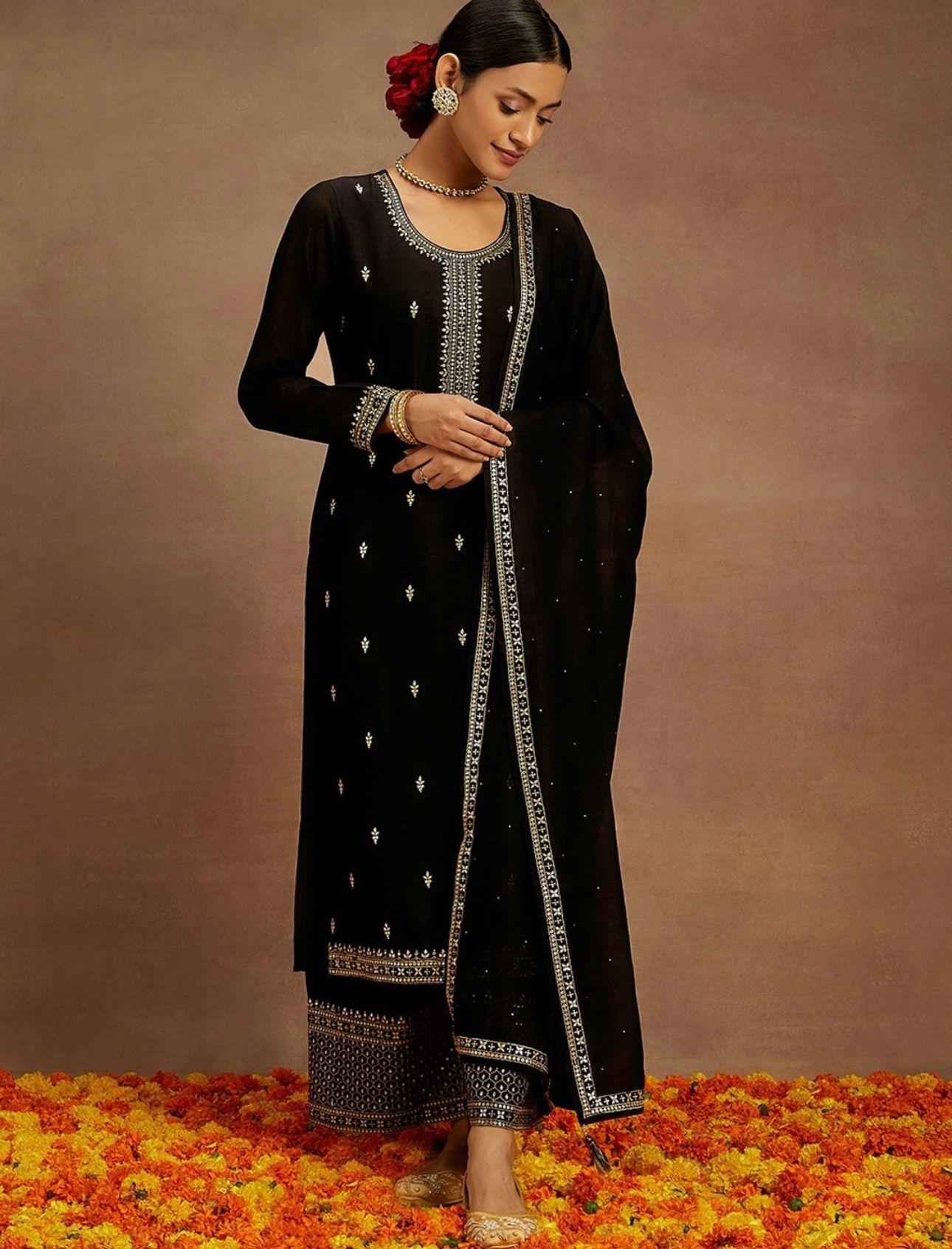 Kurta With Palazzos & Dupatta with Floral Embroidery having Regular Sequinns