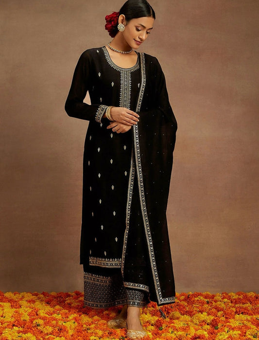 Kurta With Palazzos & Dupatta with Floral Embroidery having Regular Sequinns