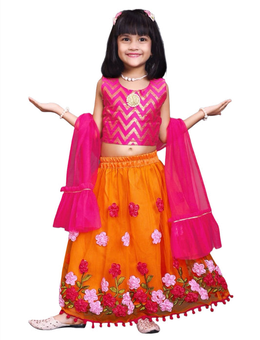 Lehenga & Blouse With Dupatta for Girls with Chevron Printed Thread Work Ready to Wear