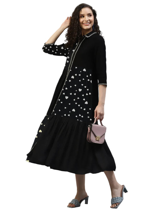 Black Color Blocked Heart Printed Women'S Shirt Dress embroidery and fabric detail - Neha Couture Indian Fashion