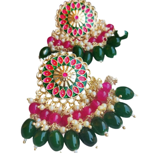 Earrings Festive Styling Dark Green & Pink