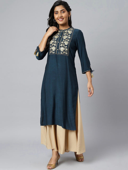 Women Blue & Gold-Toned Yoke Design Thread Work Kurta
