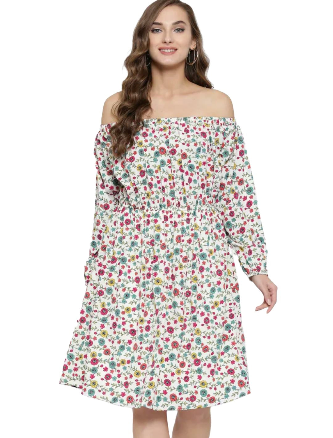 Women Off-White & Pink Floral Printed Blouson Dress